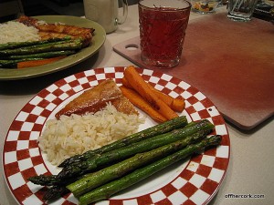 Fish, veggies, rice for dinner w/ cranberry fizzie