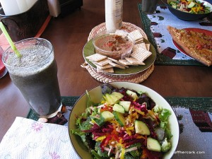 Salad, smoothie, and crackers 