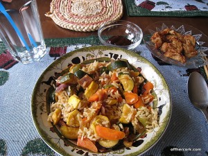 Roasted veggies, brown rice and vegan nuggets