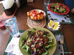 Salad, fruit, hardboiled eggs 