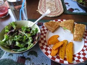 Salad, sweet potato fries, apple cheddar quesadilla 