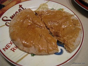 Whole wheat pita with peanut butter and honey 