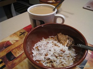 Bowl of oat bran and coffee 
