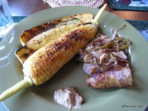 Grilled corn, squash, and brats 