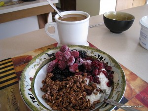 Granola and yogurt with coffee 