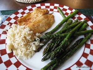 Roasted asparagus, tilapia, and rice 