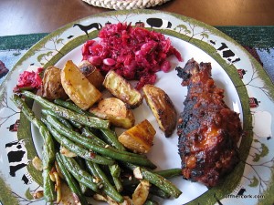 Roasted green beans, bbq chicken, chickpea salad, and roasted potatoes