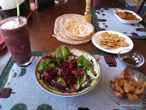 Salad, smoothie, and vegan nuggets 