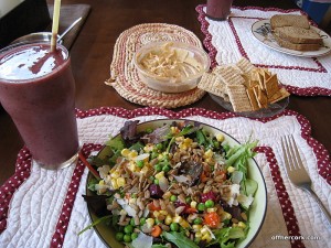 Salad, smoothie, and hummus 