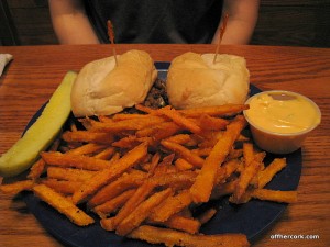 Vegetarian philly cheesesteak and sweet potato fries 