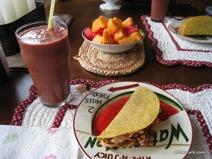 Smoothie, taco, and fruit 
