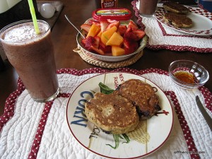 Smoothie, pancakes, and fruit 
