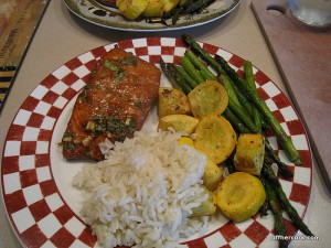 Salmon, veggies, and rice 