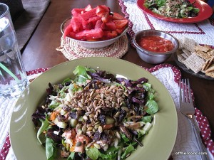 Salad, fruit, crackers and salsa 