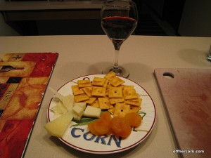 wine, cheese, apricots, and crackers 