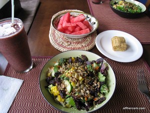 Smoothie, salad, and watermelon 