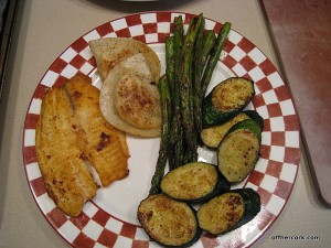 Fish, zucchini, asparagus, pierogies