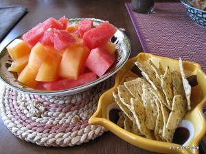 Watermelon, cantaloupe, flax chips