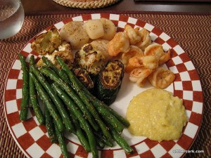 Veggies, seafood, and polenta 
