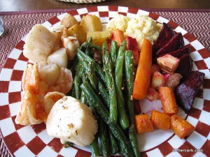 Roasted veggies, seafood, and polenta