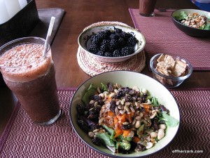 Smoothie, salad, and blackberries 