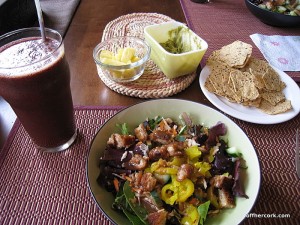 Smoothie, salad, fruit, and guacamole 