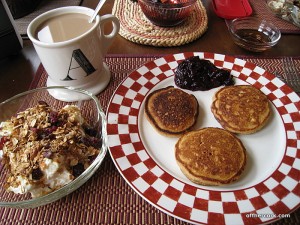 Pancakes, yogurt, and coffee