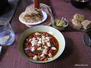 Chili, guacamole, and cornbread 