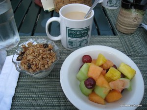 Yogurt, granola, fruit, and coffee