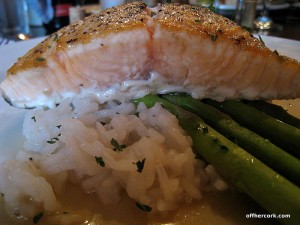 Salmon, rice, and asparagus 