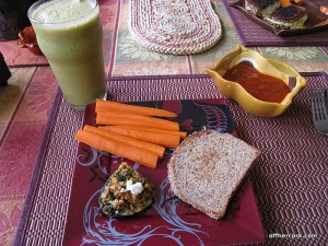 Smoothie, soup, snack plate 