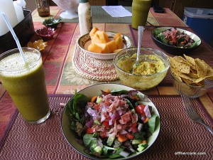 Smoothie, salad, and fruit 