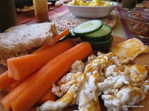 Veggies, eggs, bread 