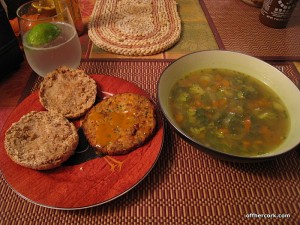 Soup, veggie patty, and english muffin 