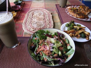 Smoothie, salad, and veggies 