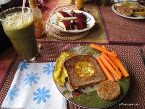 Smoothie, fruit, carrot, egg, and bread 