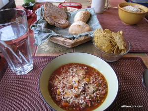 Chili, chips, and bread 