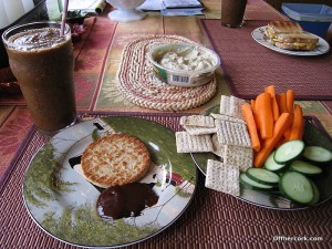 Smoothie, patty, veggies, and crackers with hummus