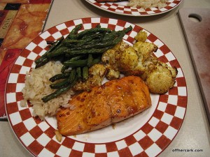Salmon, veggies, and rice 