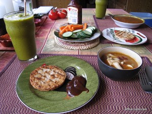 Smoothie, veggies, soup, and chick'n patty 