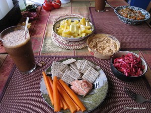 Fruit, veggies, crackers, and hummus 