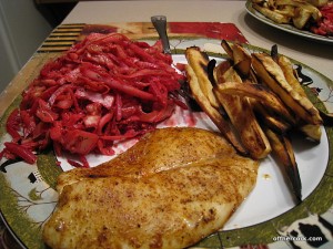 Fish, coleslaw, parsnip fries 