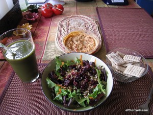 Smoothie, salad, and crackers