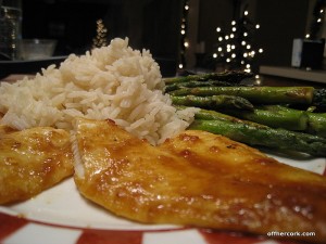 Fish, rice, and asparagus 