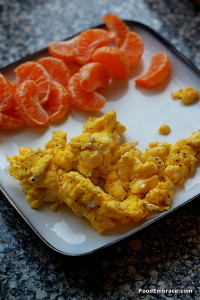 Scrambled eggs, mandarin oranges