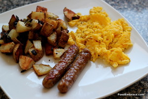 Sausage, scrambled eggs, roasted potatoes