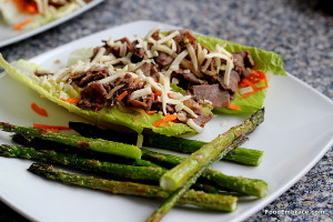 Steak lettuce wraps and roasted asparagus