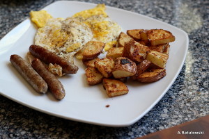 Sausage, eggs, roasted potatoes