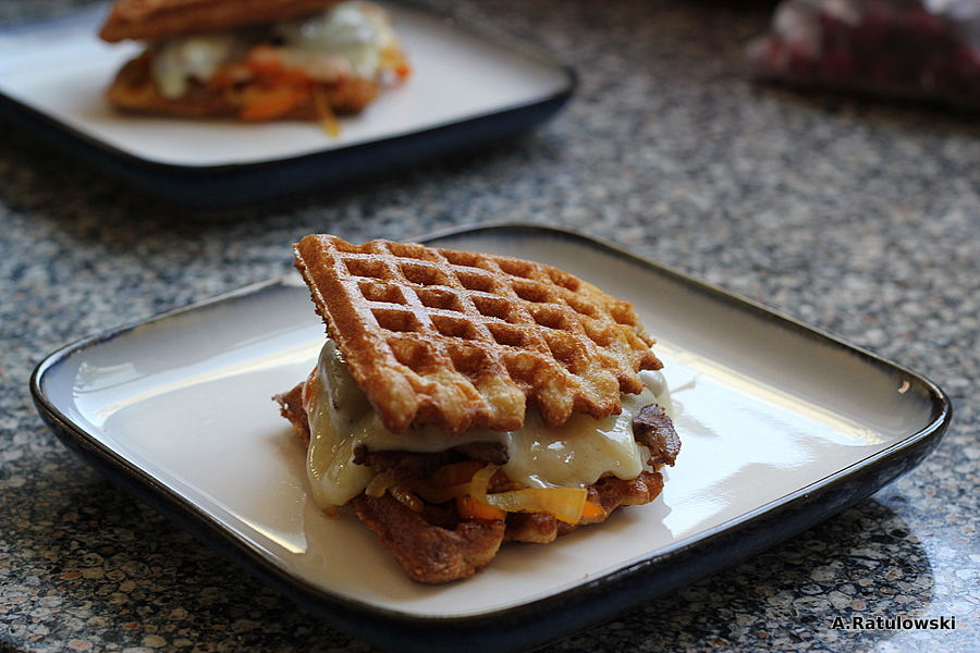 Steak and peppers on grain free waffles