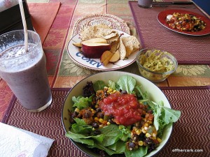 Smoothie, salad, and apple 